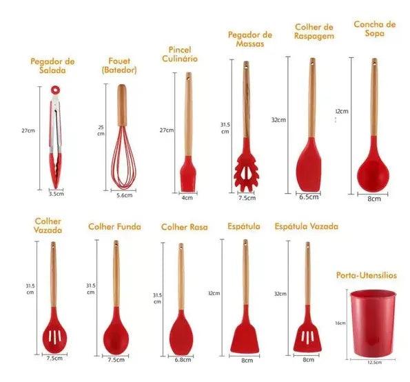 Kit Jogo 12 Peças Utensílios de Cozinha Silicone Livre de BPA com Suporte - super shopping